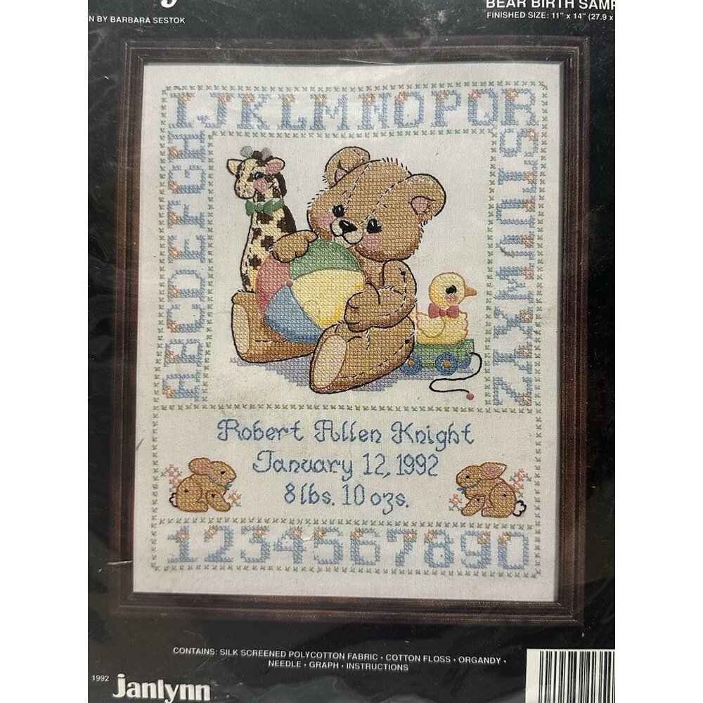 Janlynn Bear Birth Sampler printed cross stitch kit vintage‎ 1992 11” X 14”